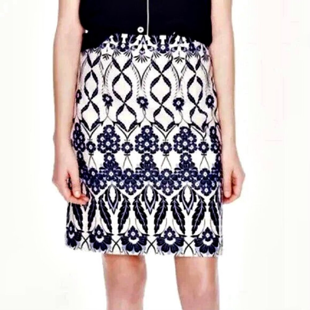 NWOT! J CREW Blue & Cream TRELLIS A LINE SKIRT SZ 8